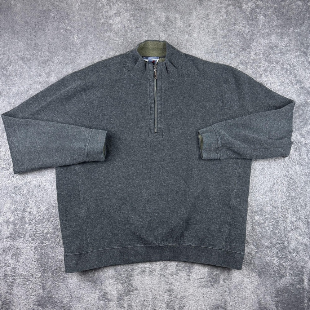 Tommy Bahama Sweater Mens XL Gray Reversible 1/4‎ Zip Mock Neck Cotton Pullover